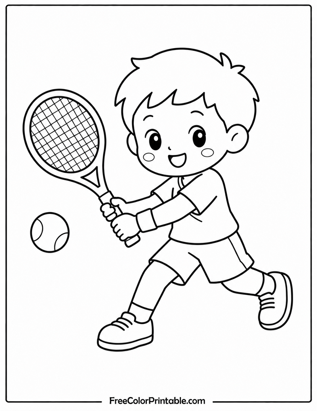 Boy playing tennis in action Coloring Page — Free Printable — free printable coloring page